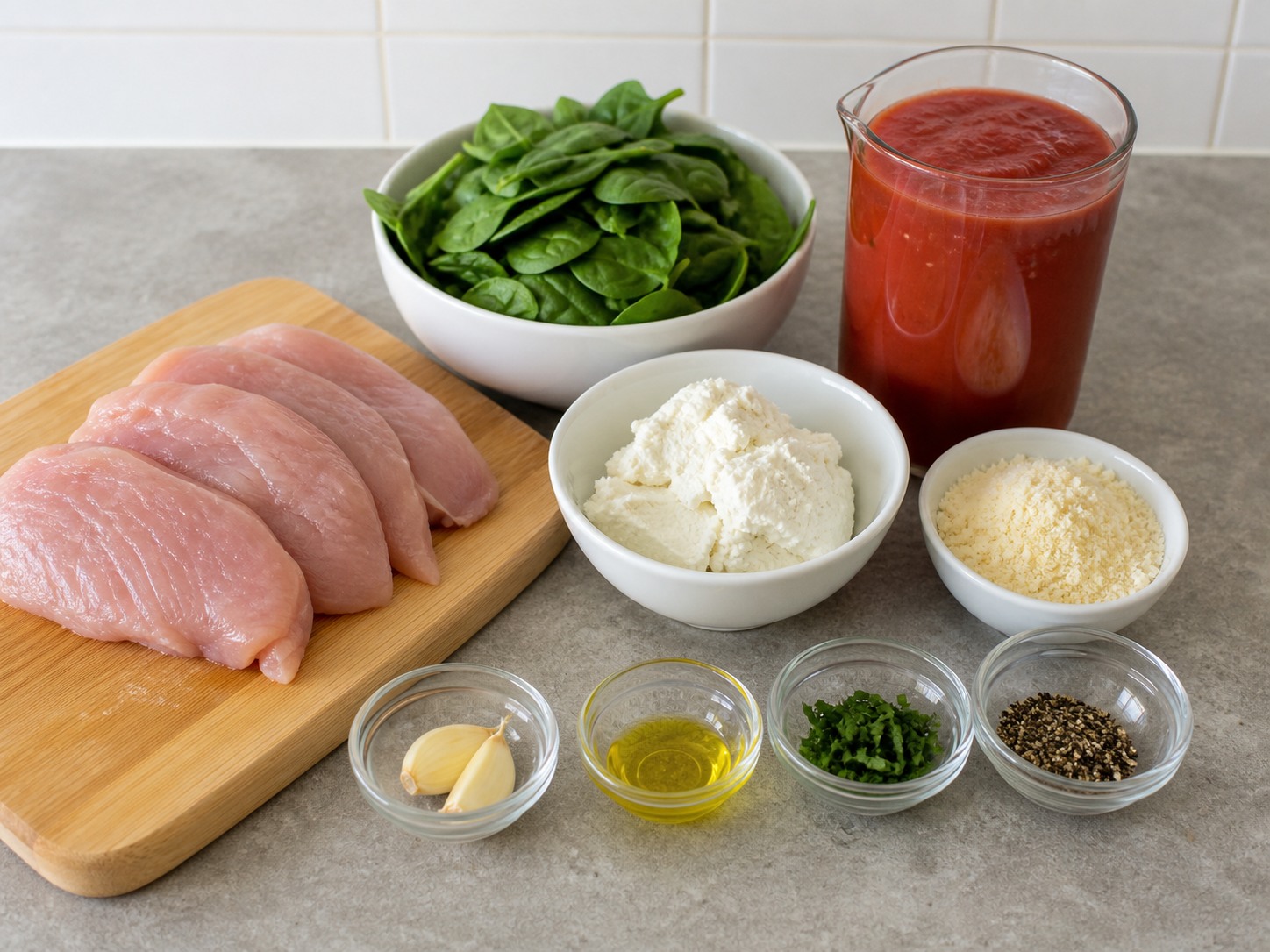 Involtini Kalkun dan Bayam Italia: 600 g dada kalkun, 200 g Bayam, 150 g keju ricotta, 40 g Parmesan, 2 buah bawang putih, 500 ml passata tomat, 1 sdm minyak zaitun, 10 g basil, secukupnya Lada hitam