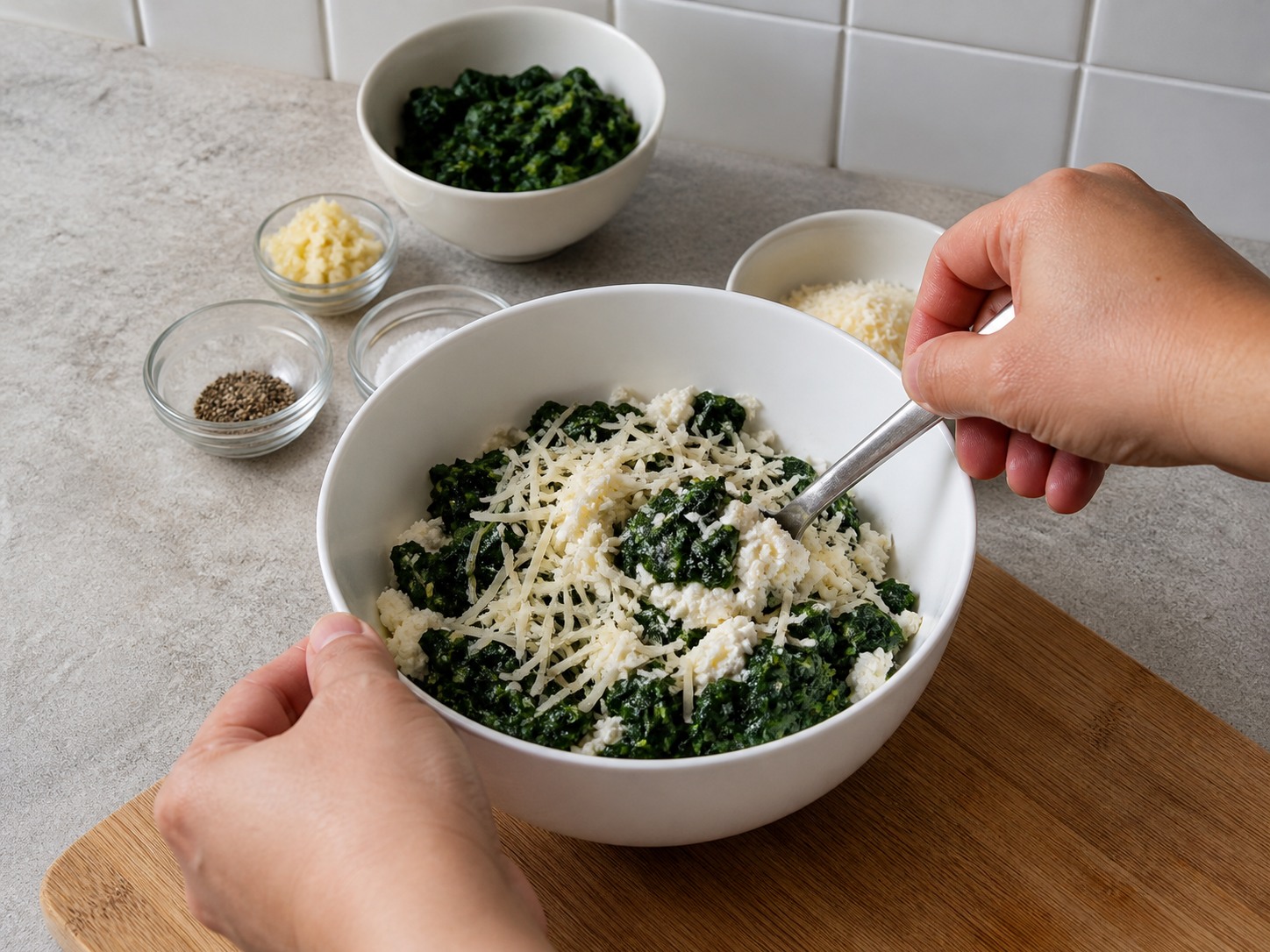 Campur bayam, ricotta, Parmesan, dan setengah bawang putih: Campur bayam, ricotta, Parmesan, dan setengah bawang putih. Kerjakan dengan hati-hati, pertahankan panas, waktu, dan keadaan bahan yang disebutkan, lalu pastikan kematangan sebelum melanjutkan.