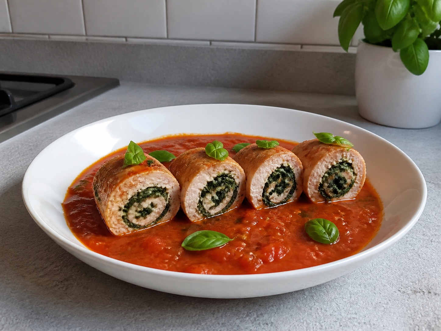 Potong setiap gulungan melintang lalu sajikan dengan saus dan basil: Potong setiap gulungan melintang lalu sajikan dengan saus dan basil. Kerjakan dengan hati-hati, pertahankan panas, waktu, dan keadaan bahan yang disebutkan, lalu pastikan kematangan sebelum melanjutkan.