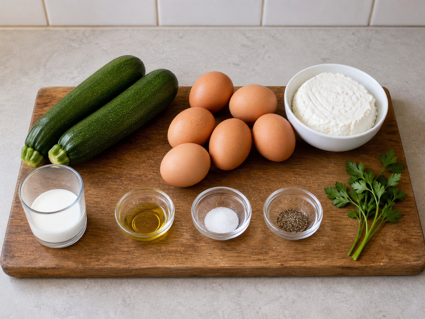 Italyanong Frittata na may Zucchini at Ricotta: 300 g zucchini, 6 piraso itlog, 150 g kesong ricotta, 60 ml gatas, 1 kutsara olive oil, 1 kutsarita asin, 1 kutsarita Dinurog na itim na paminta, 10 g parsley