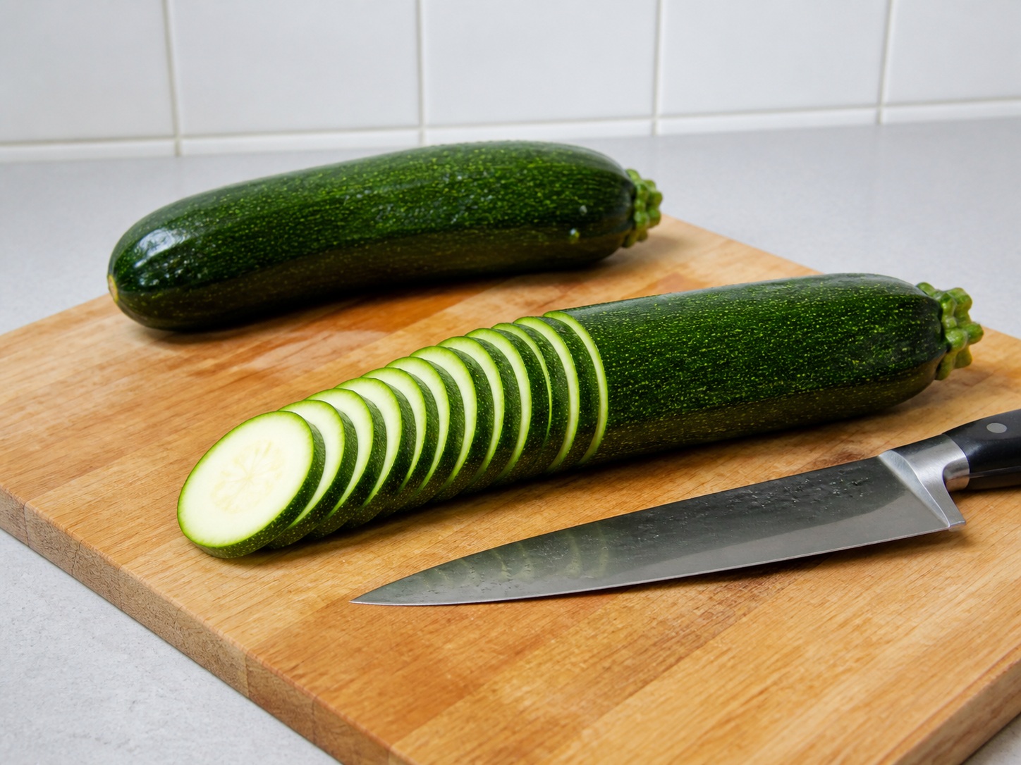 Italyanong Frittata na may Zucchini at Ricotta — Hiwain ang zucchini: Hugasan ang zucchini at hiwain nang humigit-kumulang 3 mm.