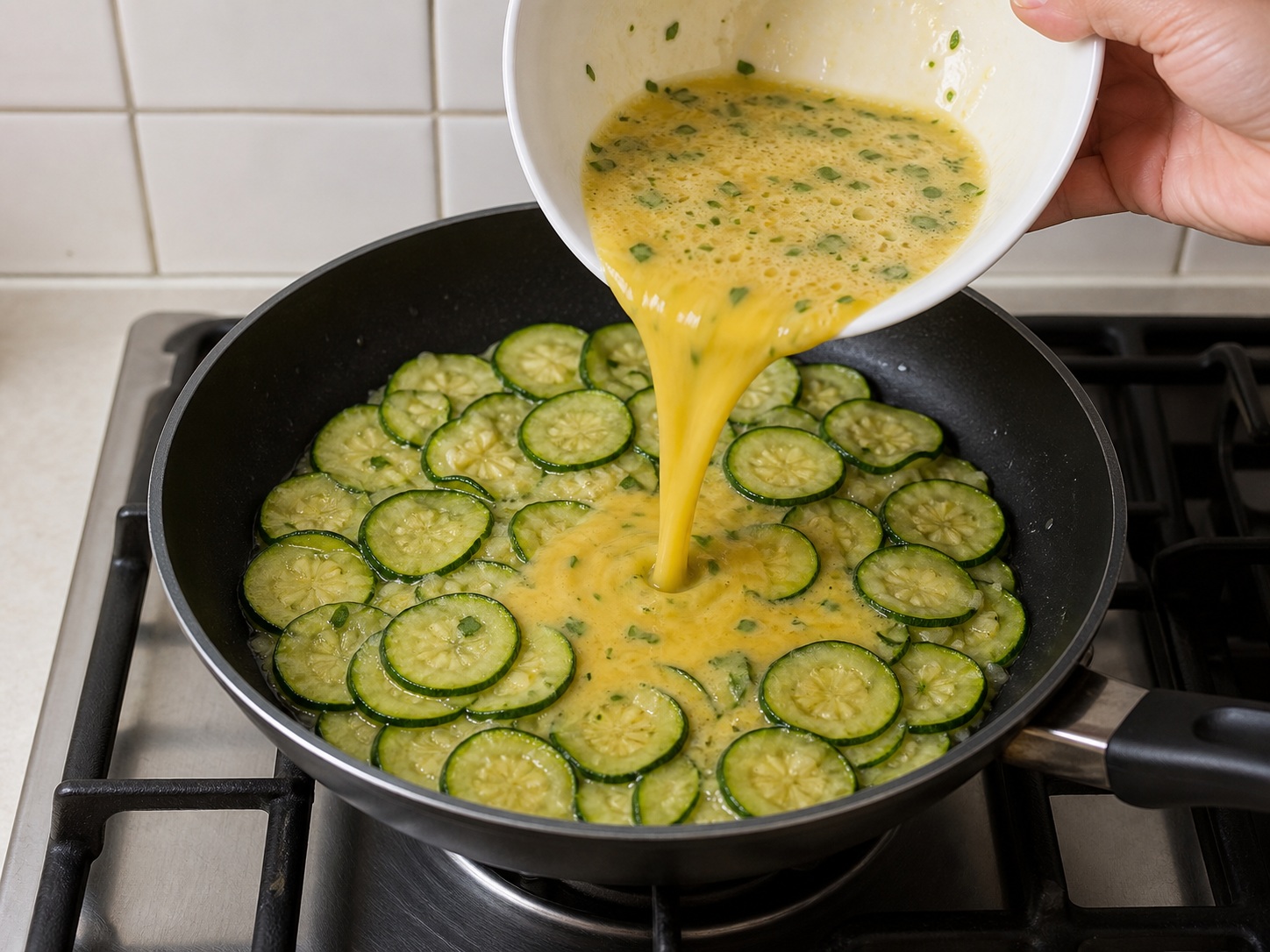 Italyanong Frittata na may Zucchini at Ricotta — Ibuhos ang itlog: Ibuhos nang pantay ang egg mixture sa pagitan ng zucchini.