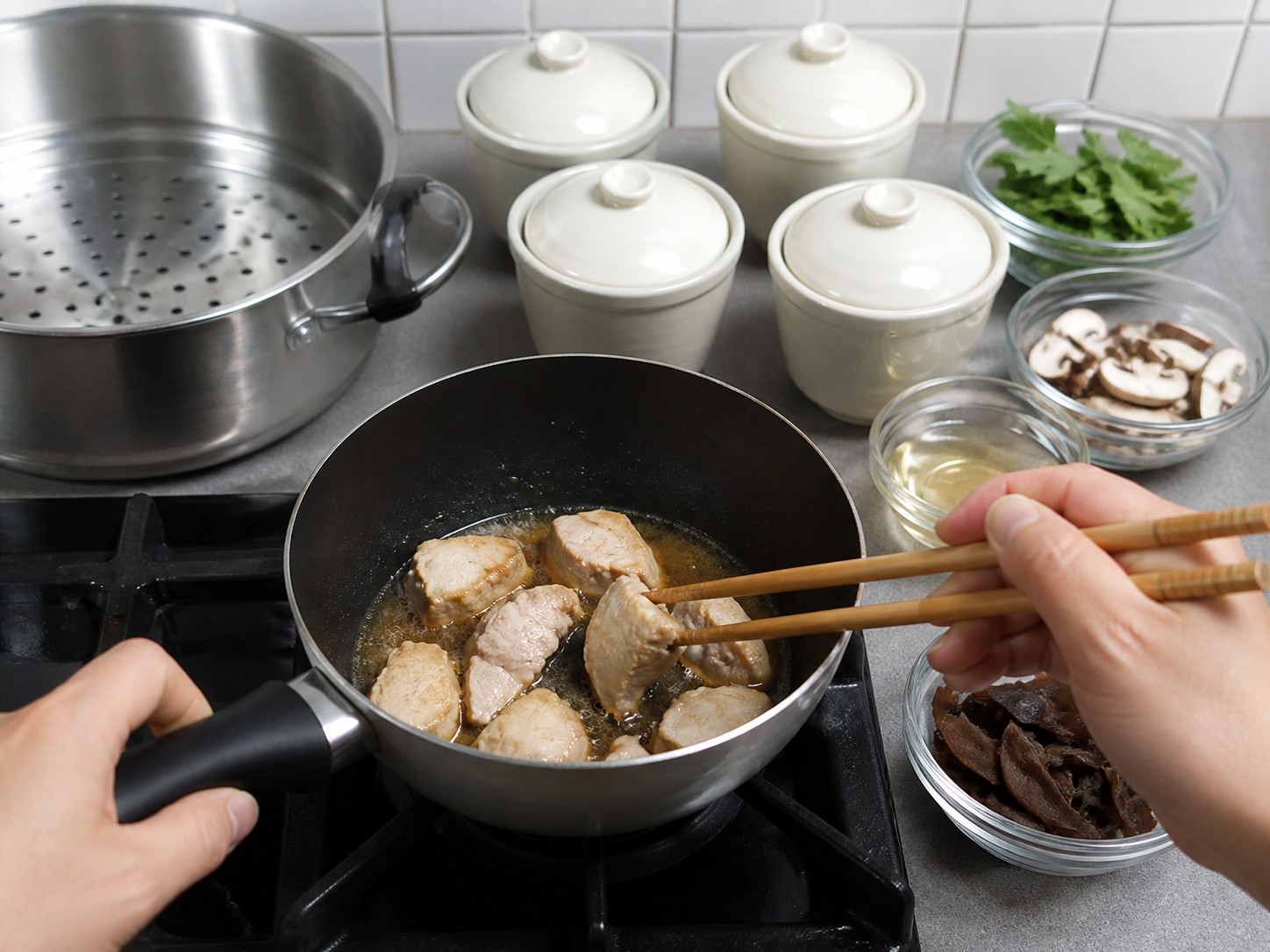 日式茶碗蒸：預煮雞肉