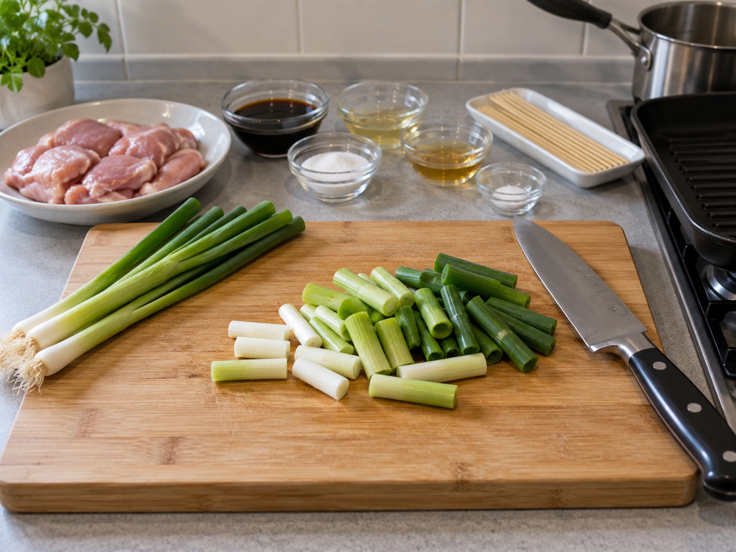 Yakitori Ayam Jepang — Potong daun bawang tiga sentimeter