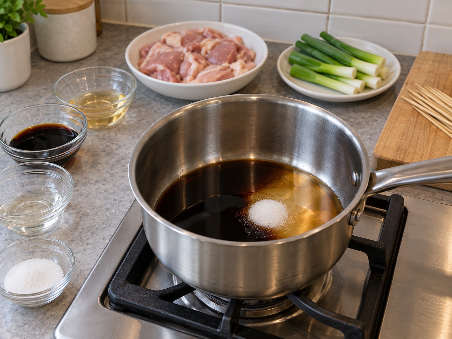 Yakitori Ayam Jepang — Masukkan kecap, mirin, sake dan gula ke panci
