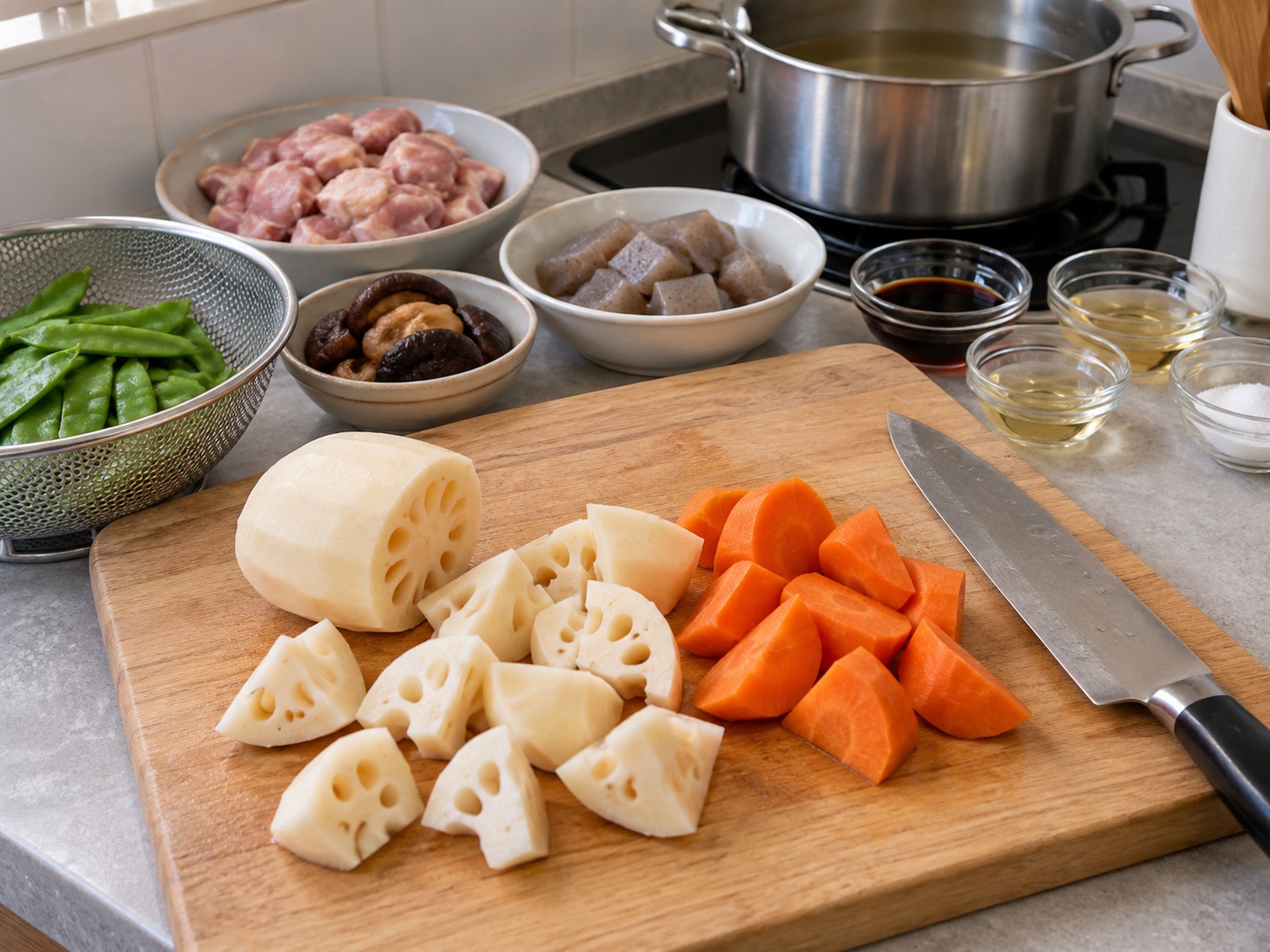 Japanese na Chikuzenni — Balatan at hiwain ang lotus root at carrot