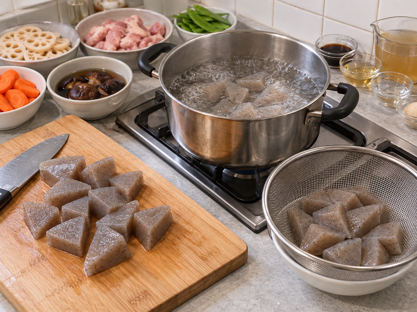 Japanese na Chikuzenni — Hiwain ang konnyaku at pakuluan nang dalawang minuto
