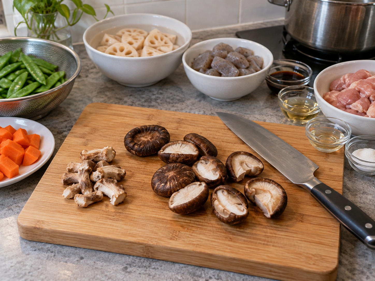 Japanese na Chikuzenni — Alisin ang tangkay ng shiitake at hatiin