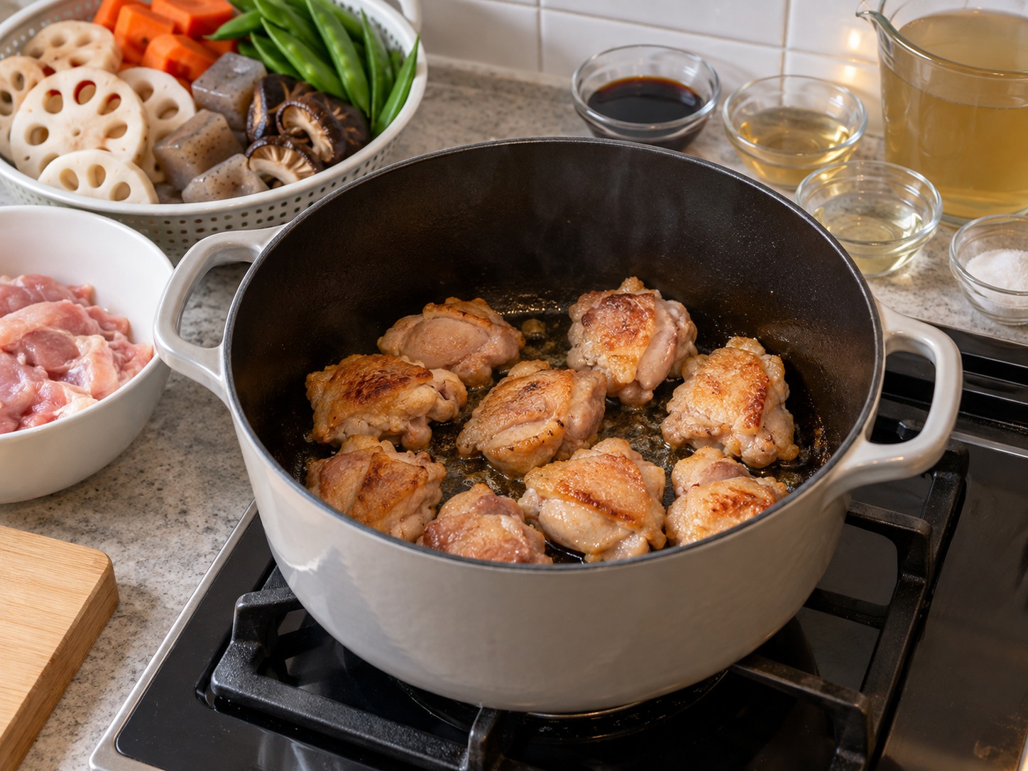 Japanese na Chikuzenni — Painitin ang mantika at lutuin ang ibabaw ng manok
