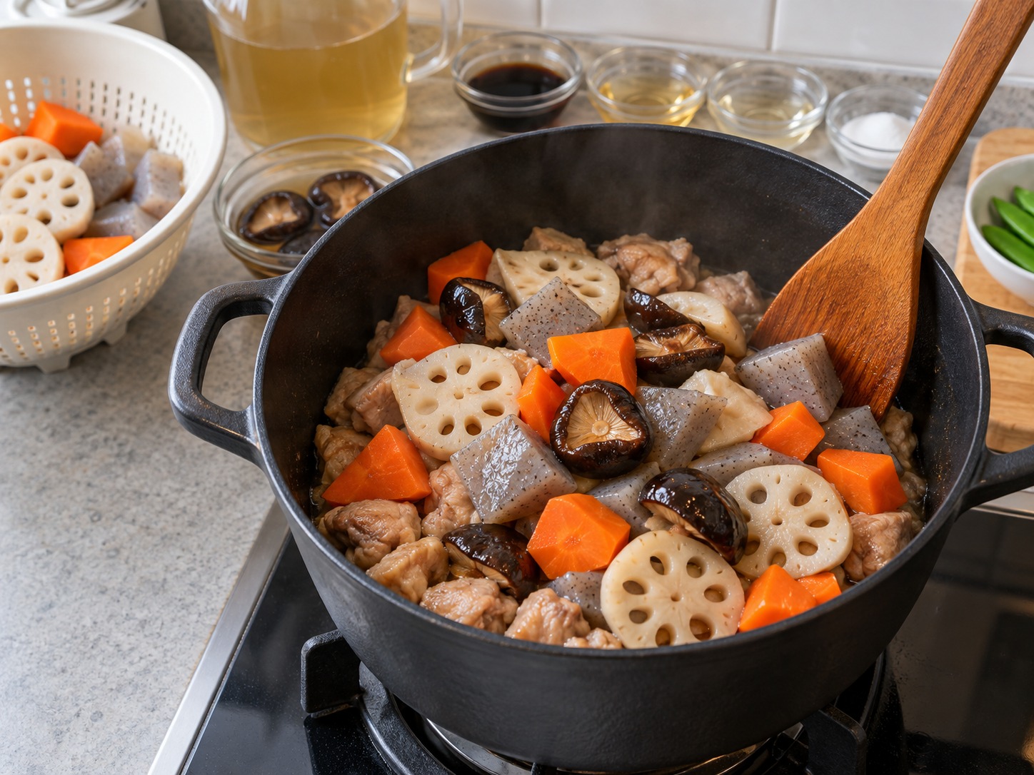 Japanese na Chikuzenni — Idagdag ang gulay, konnyaku at shiitake at haluin