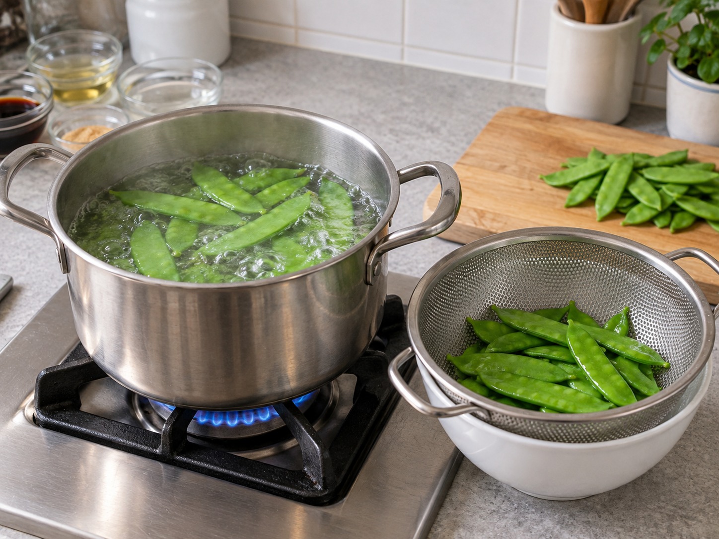 Japanese na Chikuzenni — Pakuluan ang snow peas nang isang minuto at patuluin