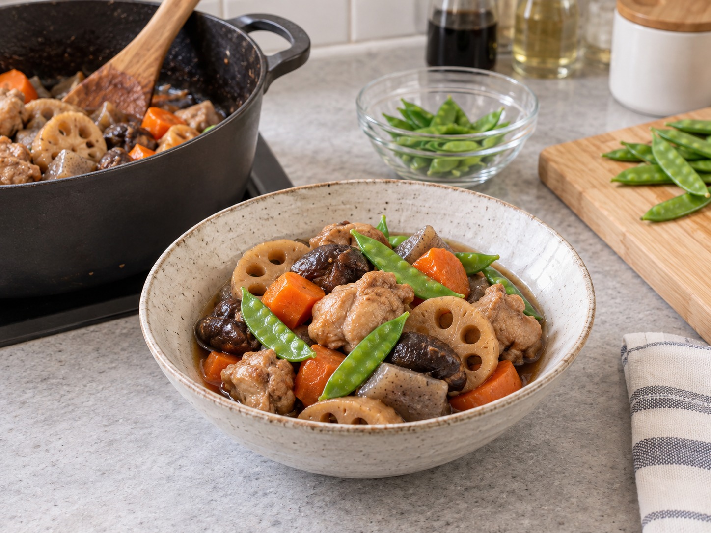 Japanese na Chikuzenni — Tikman, ilagay sa mangkok at lagyan ng snow peas