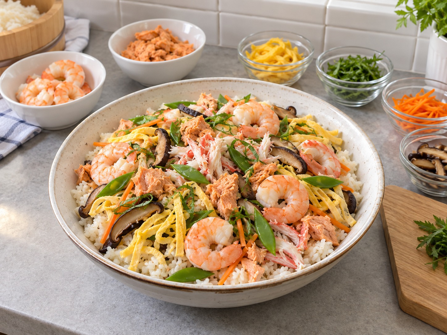 Japanese Chirashi Sushi na may Lutong Seafood — natapos na ulam