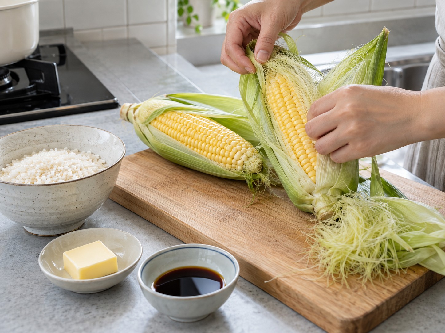 Japanese Butter Corn Rice — Remove husks