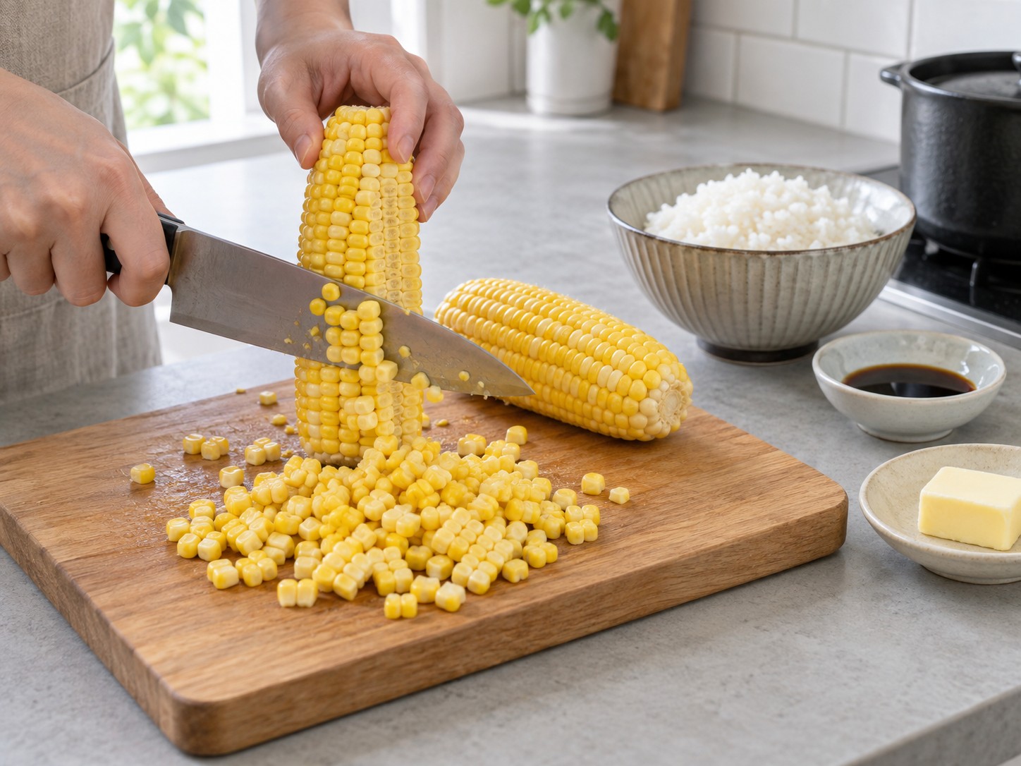 Japanese Butter Corn Rice — Cut off kernels