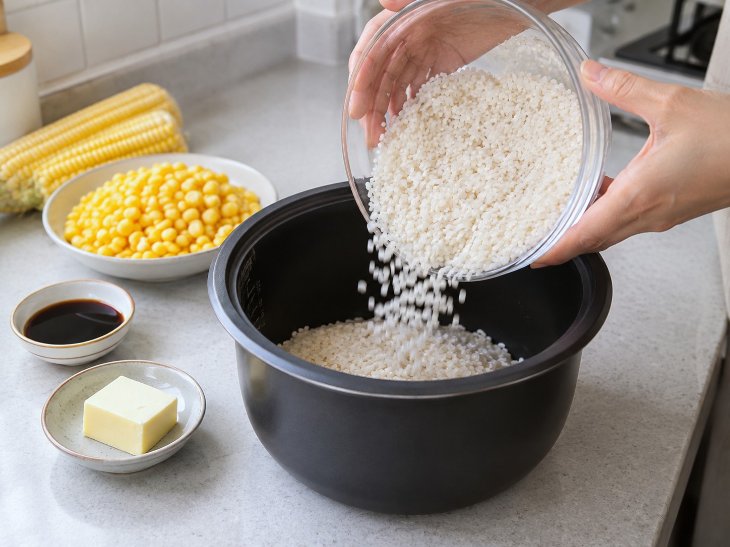 Japanese Butter Corn Rice — Add rice to pot