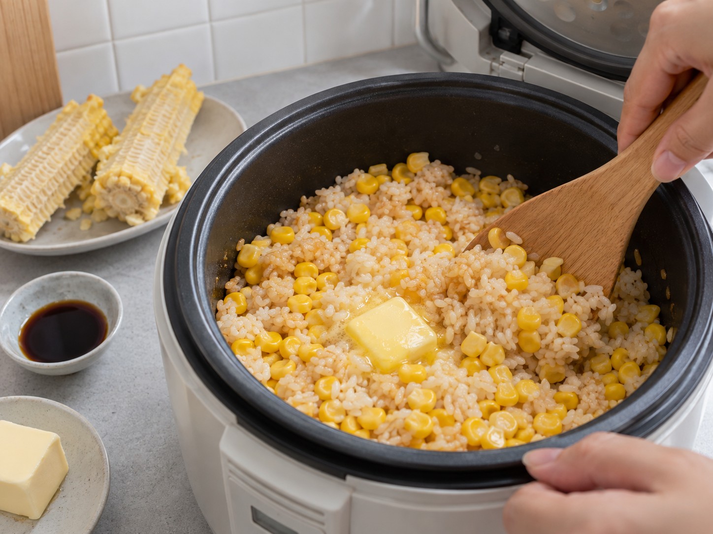 Japanese Butter Corn Rice — Add butter and fluff