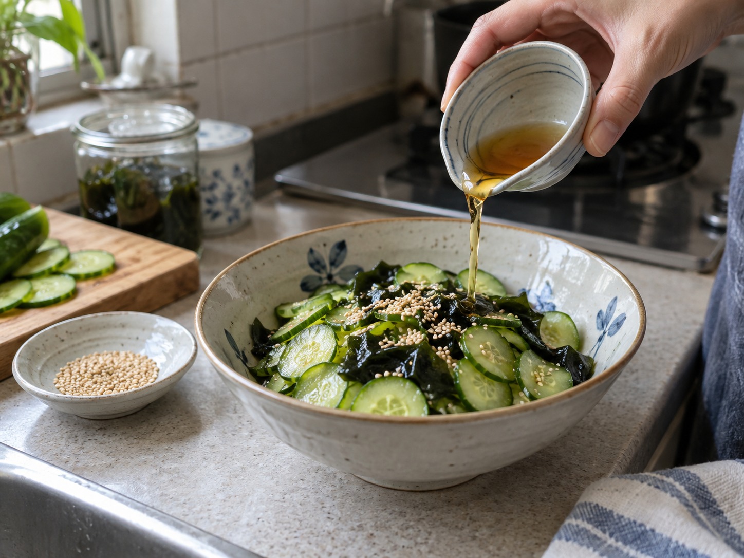 日式青瓜裙帶菜醋拌 — 拌醋汁上碟