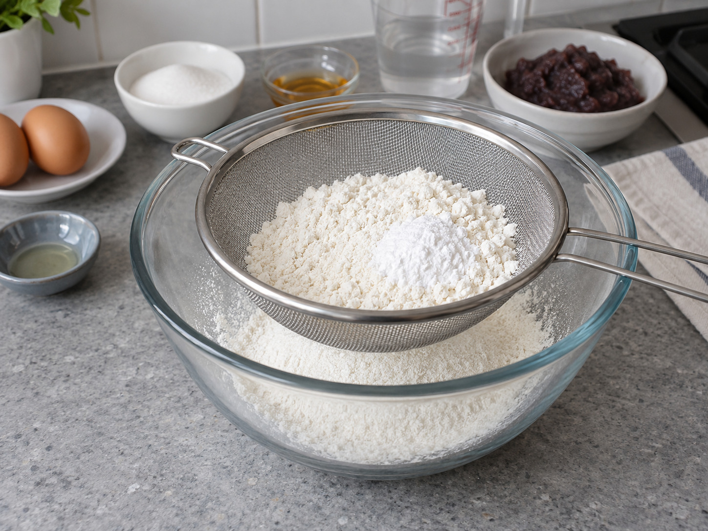 Japanese Dorayaki na may Red Bean — Salain ang harina at baking powder