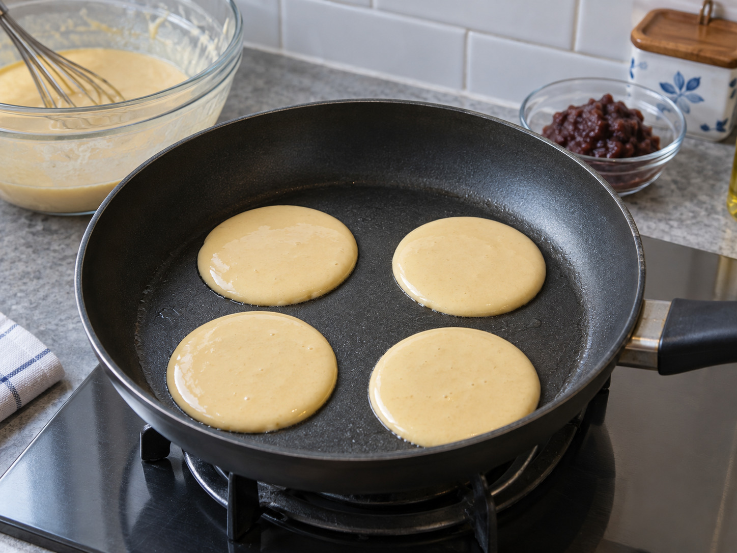 Japanese Dorayaki na may Red Bean — Ibuhos ang magkakapantay na bilog na batter