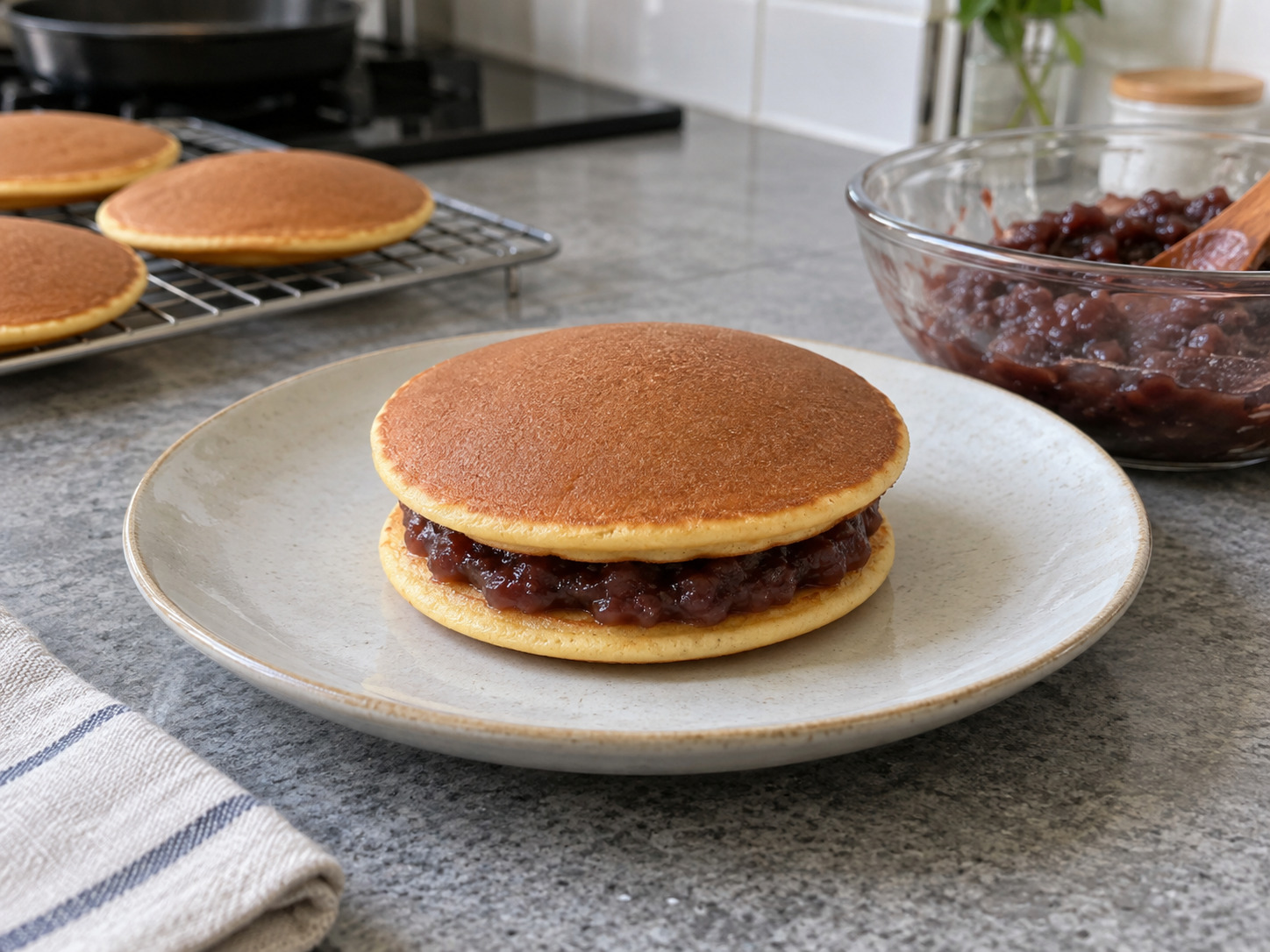 Japanese Dorayaki na may Red Bean — Takpan ng natitirang pancake at bahagyang diinan
