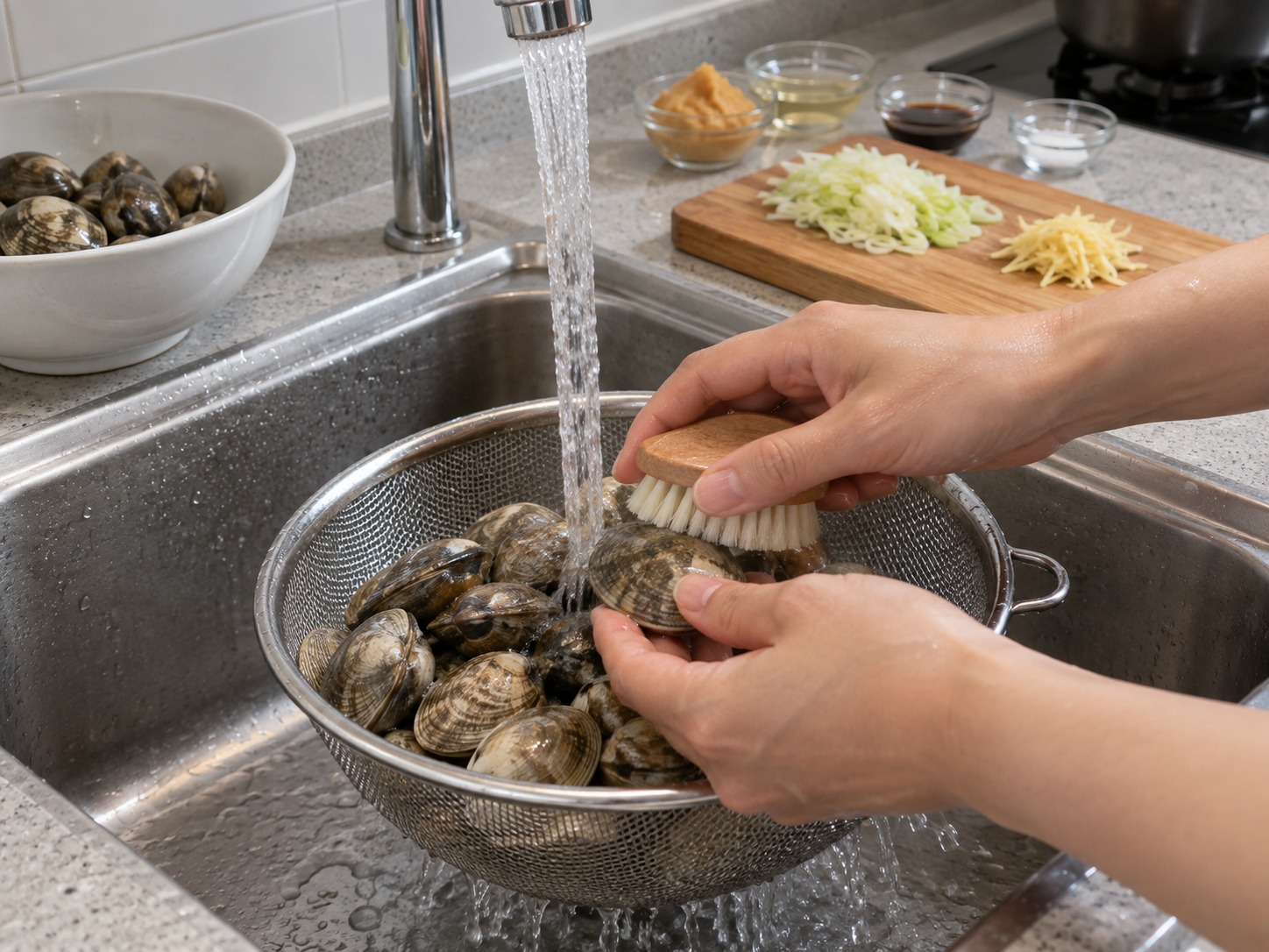 日式深川蜆肉飯 — 蜆在流動冷水下逐隻擦洗外殼，瀝乾