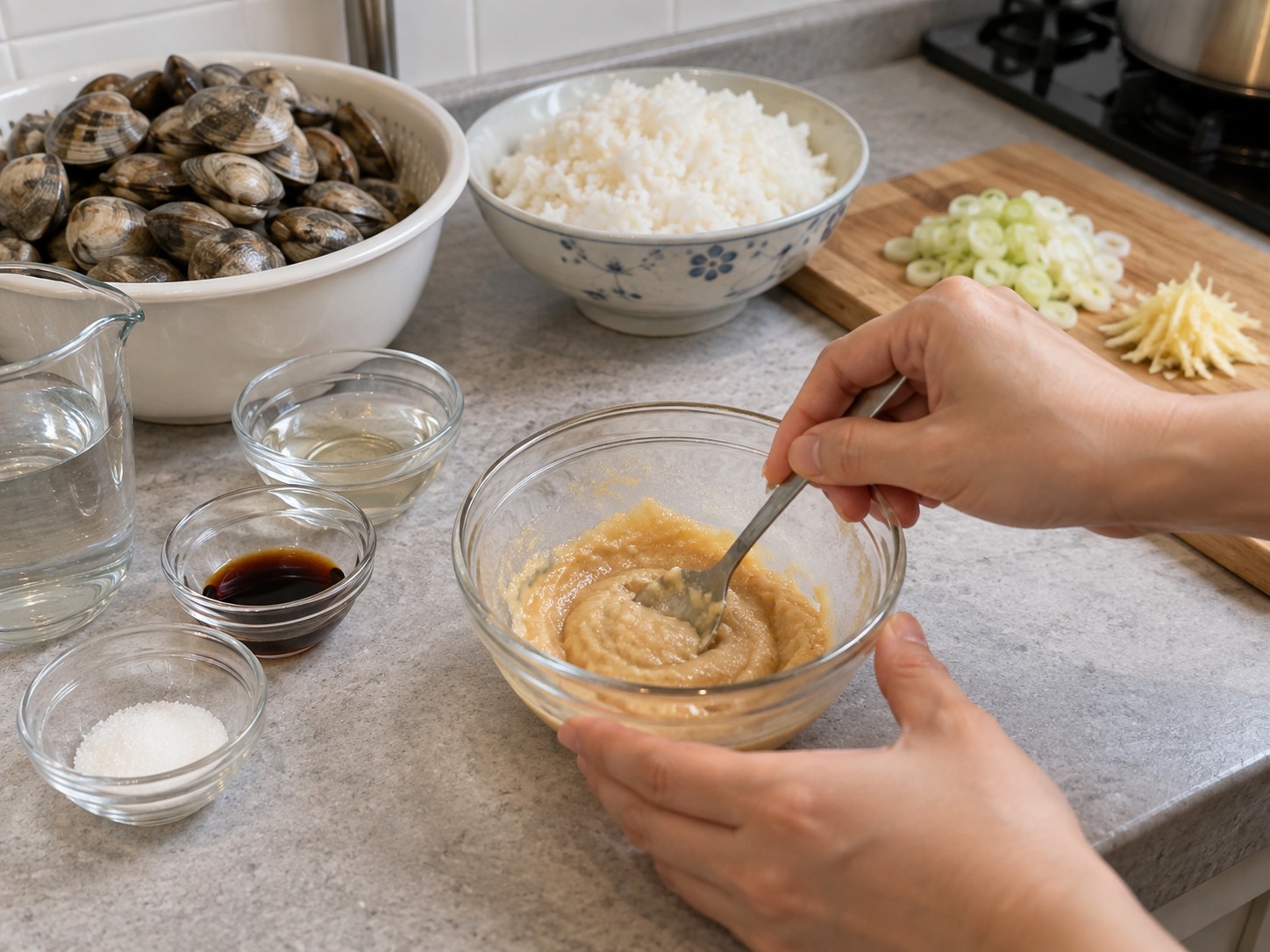 日式深川蜆肉飯 — 白味噌先與少量清水拌至順滑無粒