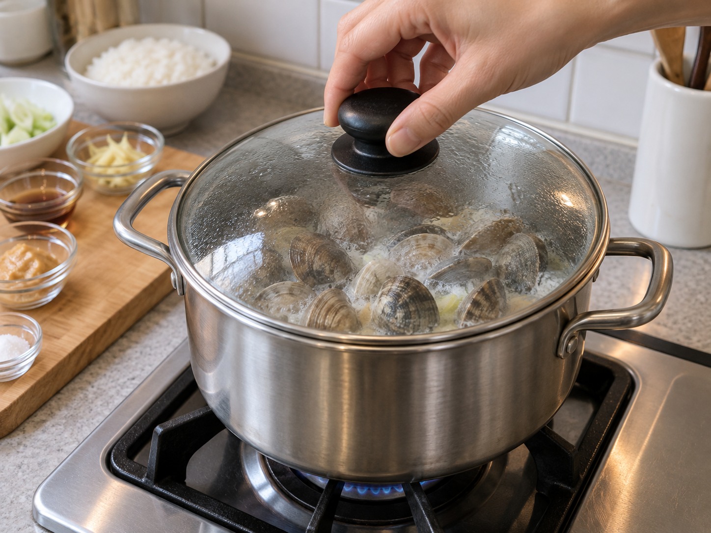 日式深川蜆肉飯 — 放入蜆並加蓋，中火煮至蜆殼打開及湯汁再次大滾