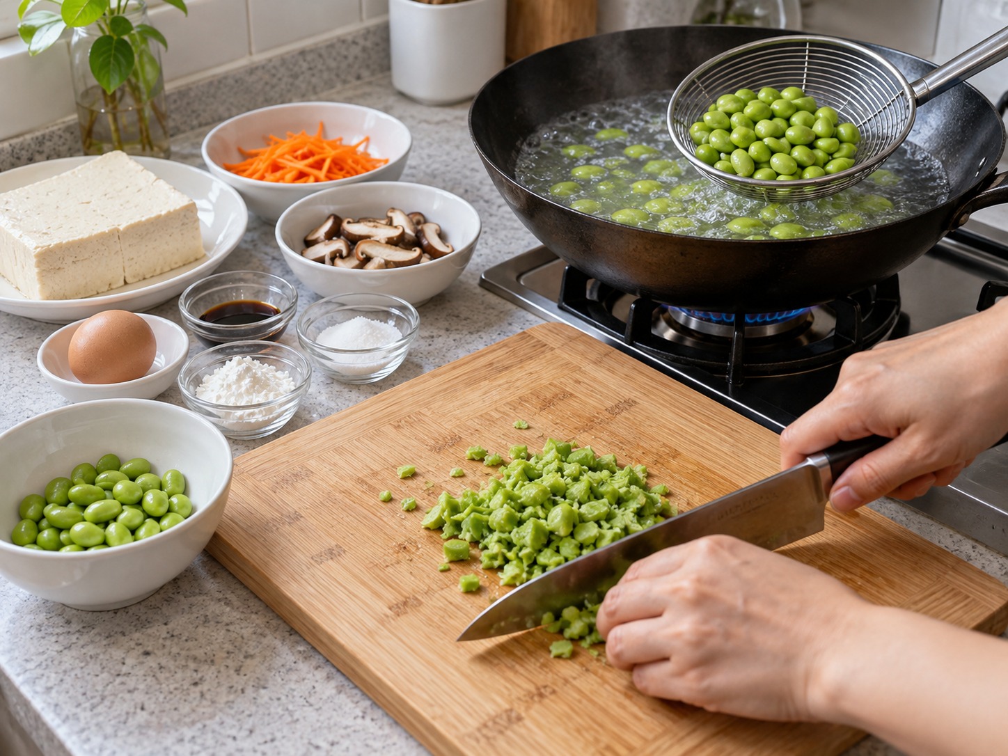 Japanese na Pritong Tokwa at Gulay — Banlian ang edamame nang dalawang minuto, salain, at tadtarin nang pino para sa nakatatanda