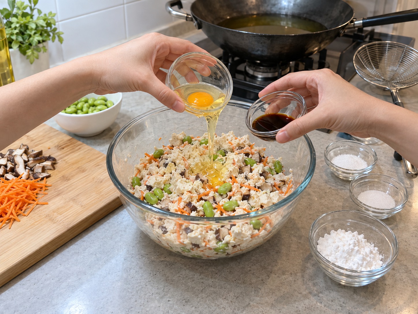 Japanese na Pritong Tokwa at Gulay — Idagdag ang itlog, toyo, asukal, at asin