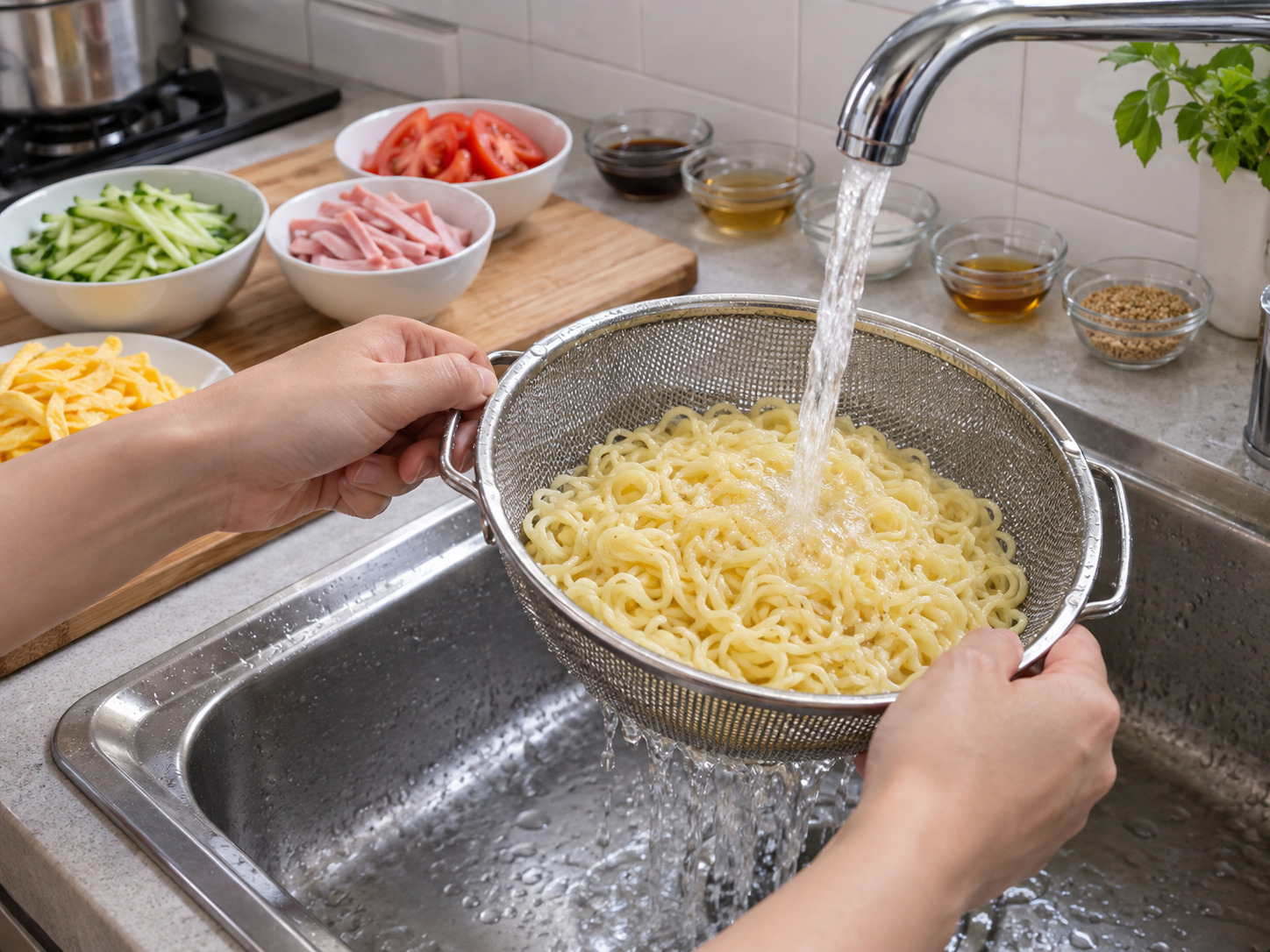 日式中華冷麵 — 麵條倒入隔篩,以冷水沖洗至完全冷卻