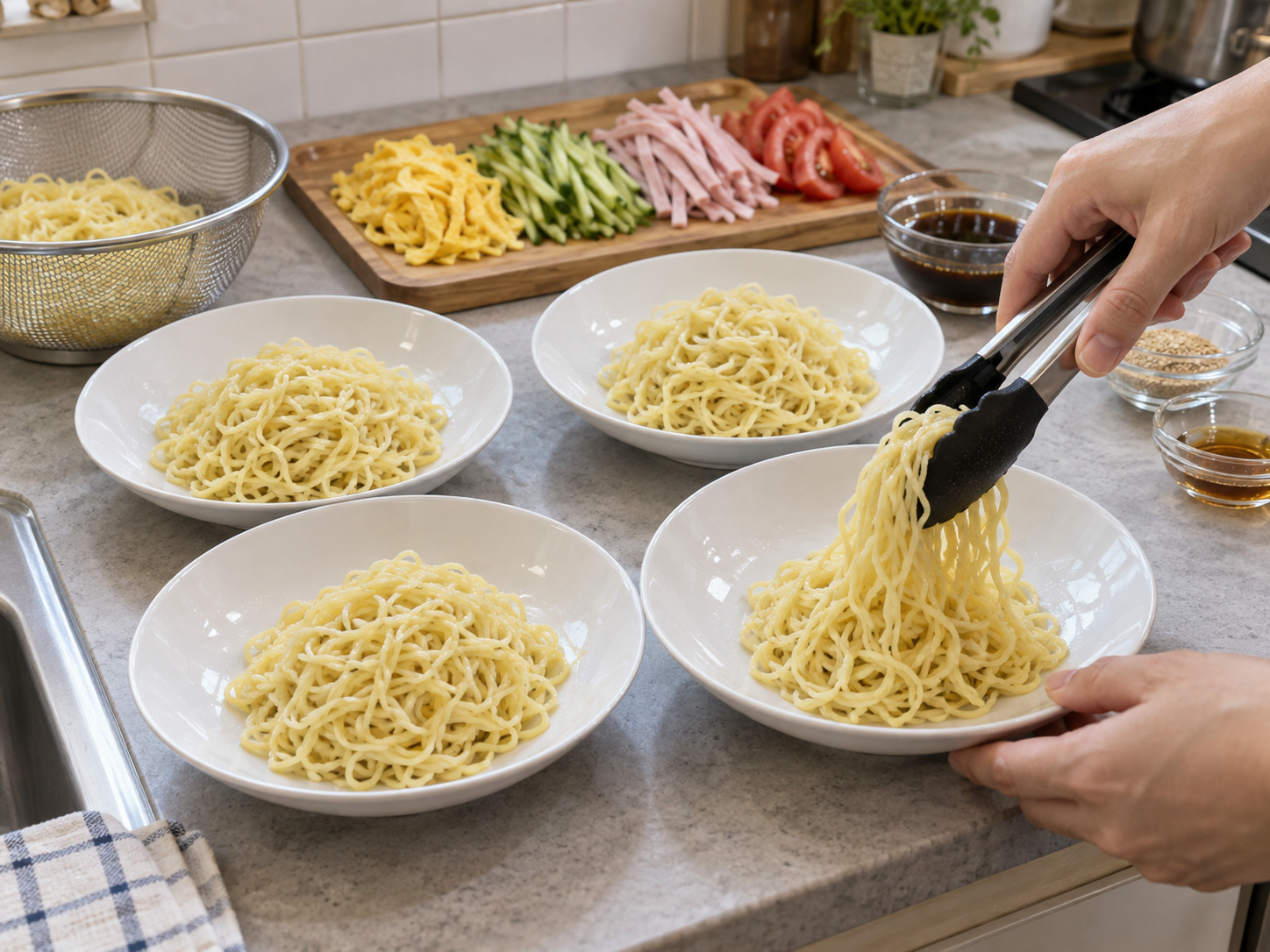 日式中華冷麵 — 麵條分入四碟並整理成鬆散小堆