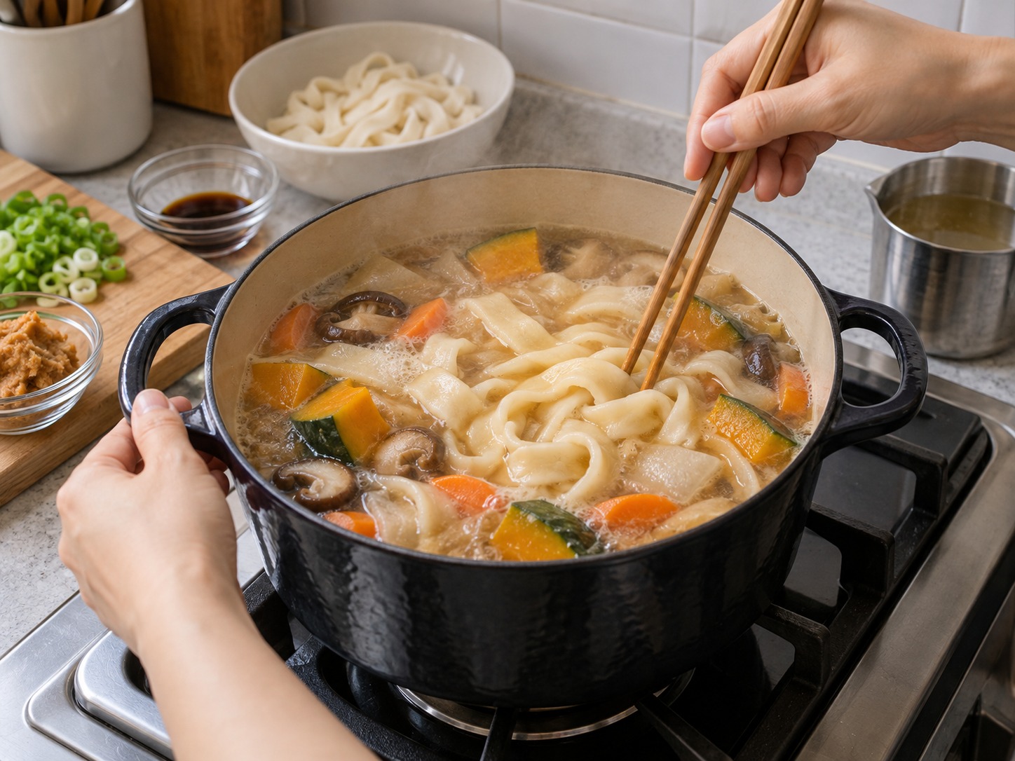 日式南瓜味噌餺飥麵 — 用筷子輕撥,避免寬麵互相黏住