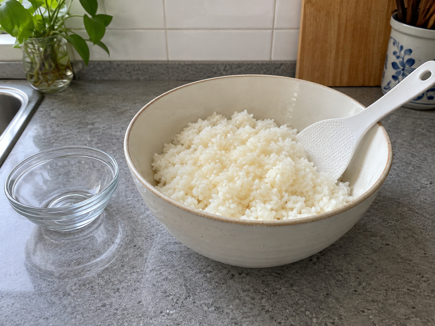 日式稻荷壽司 — 熱飯倒入大碗，拌入壽司醋