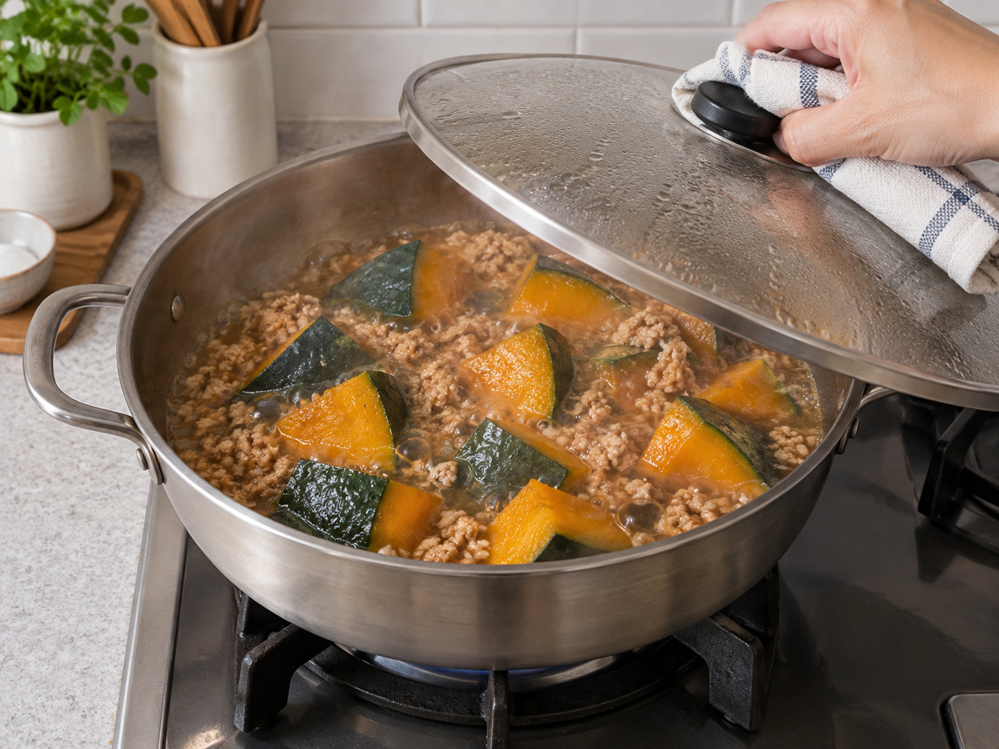 Kabocha Soboro-ni Jepang — Tutup dan rebus