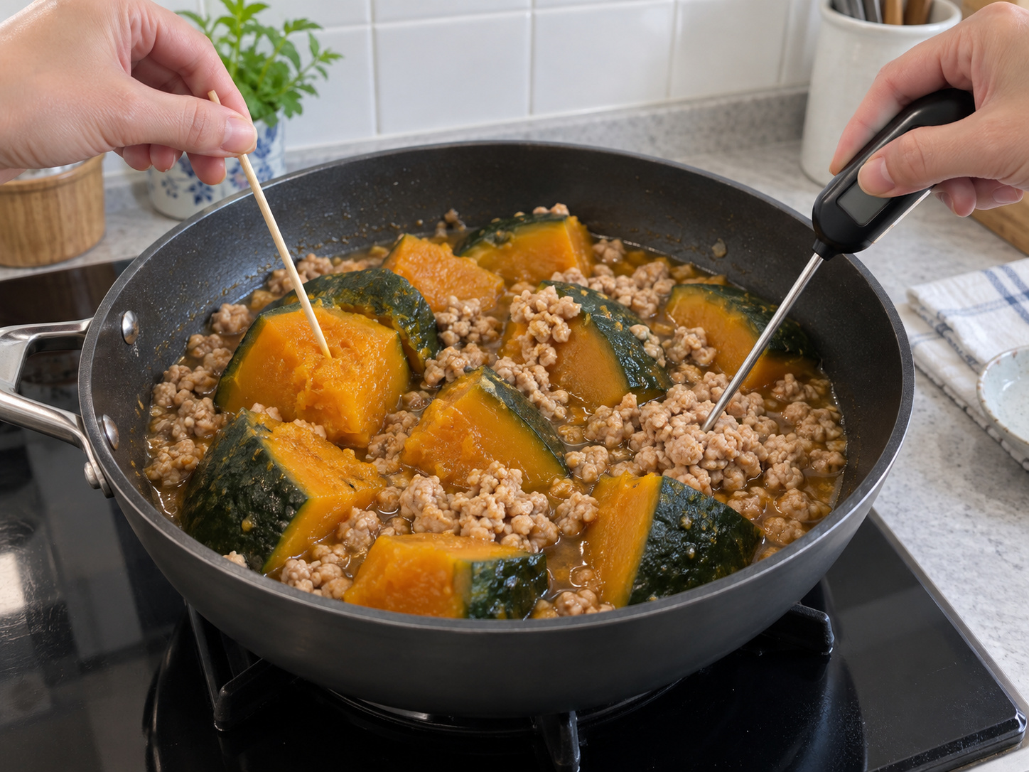 Kabocha Soboro-ni Jepang — Periksa kematangan