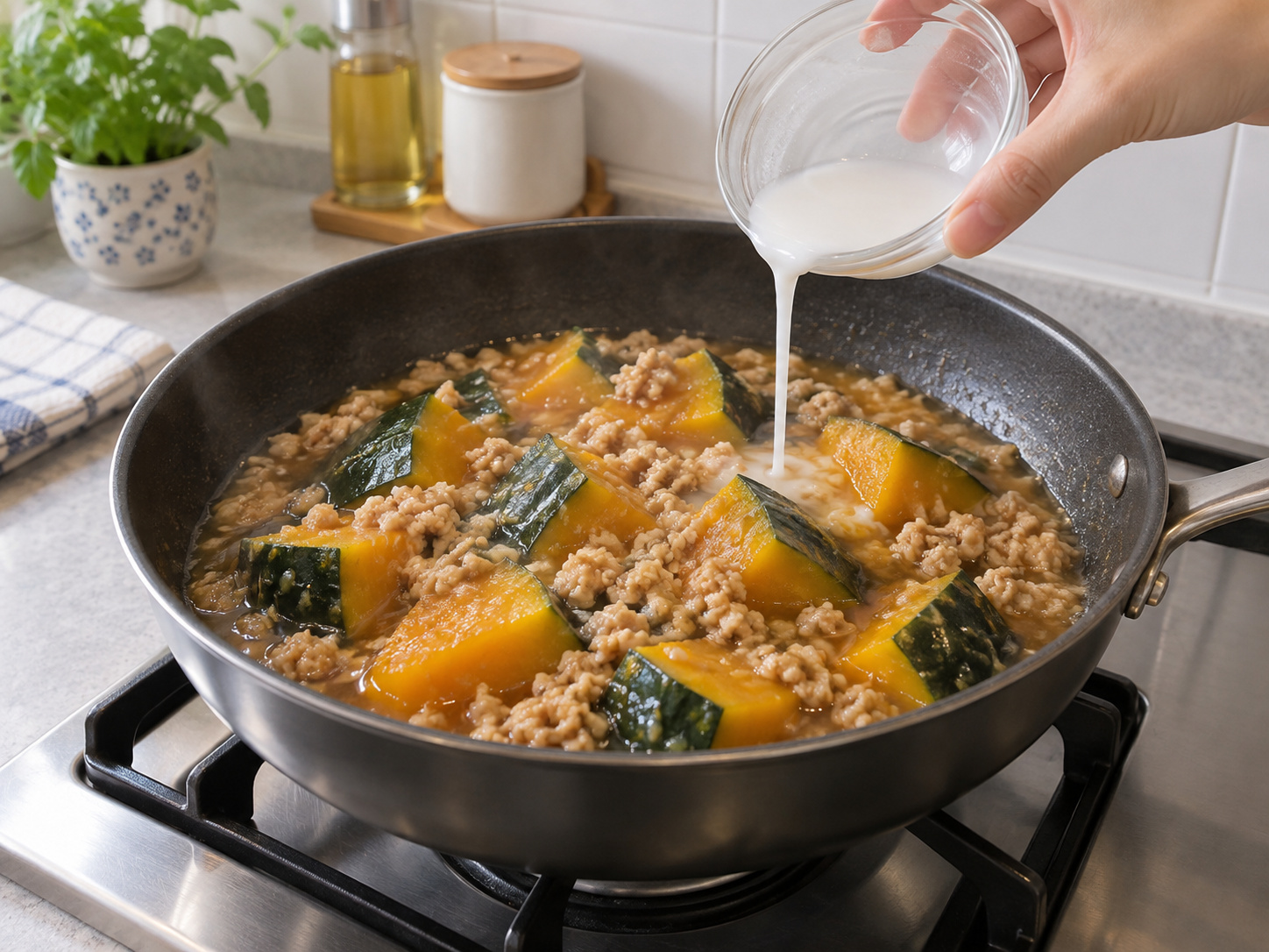 Kabocha Soboro-ni Jepang — Kentalkan dan sajikan