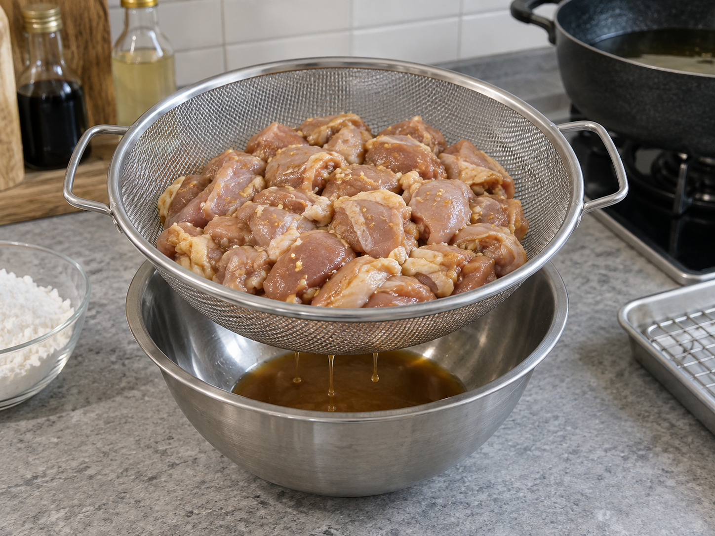 Ayam Karaage Jepang — Tiriskan cairan marinasi berlebih