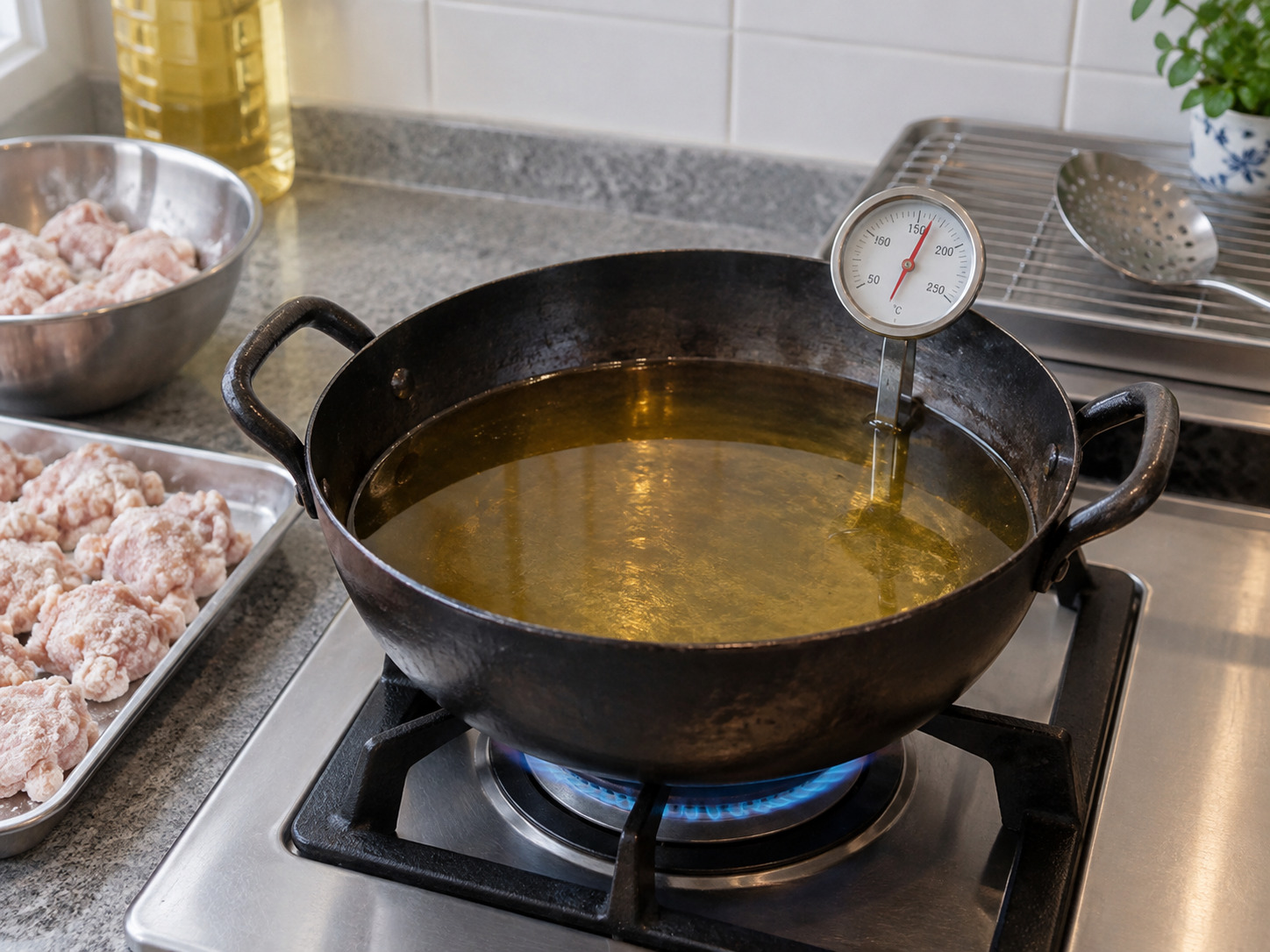 Ayam Karaage Jepang — Panaskan minyak 170°C, jangan lebih setengah panci