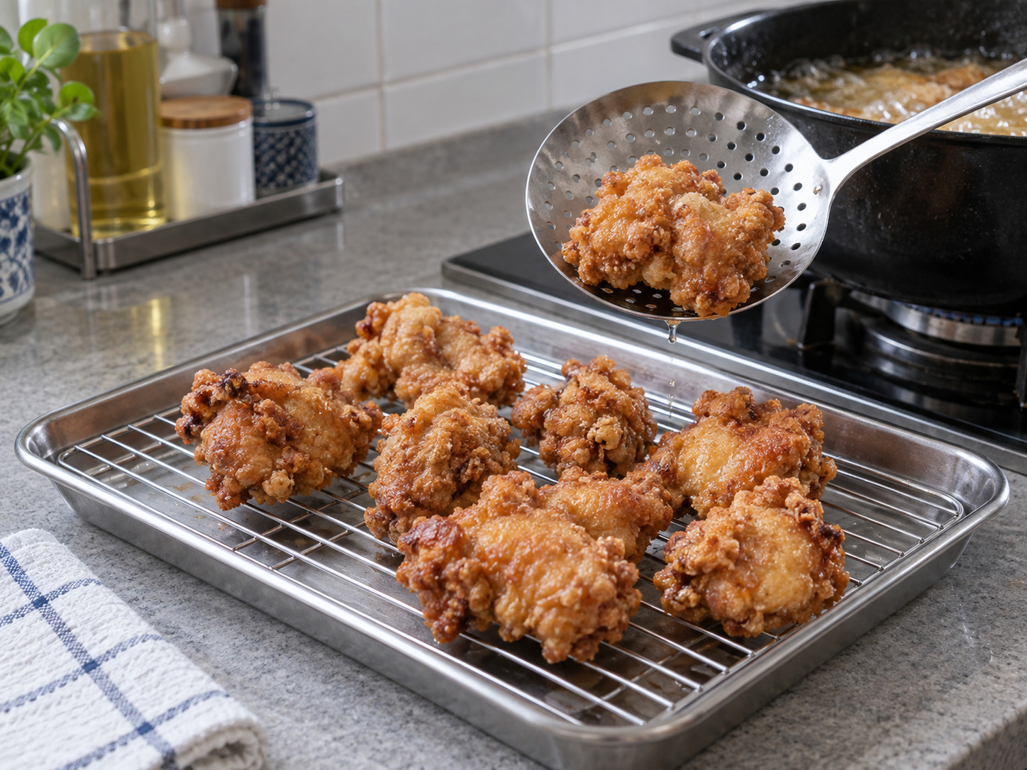 Ayam Karaage Jepang — Angkat ke rak dan tiriskan sebentar