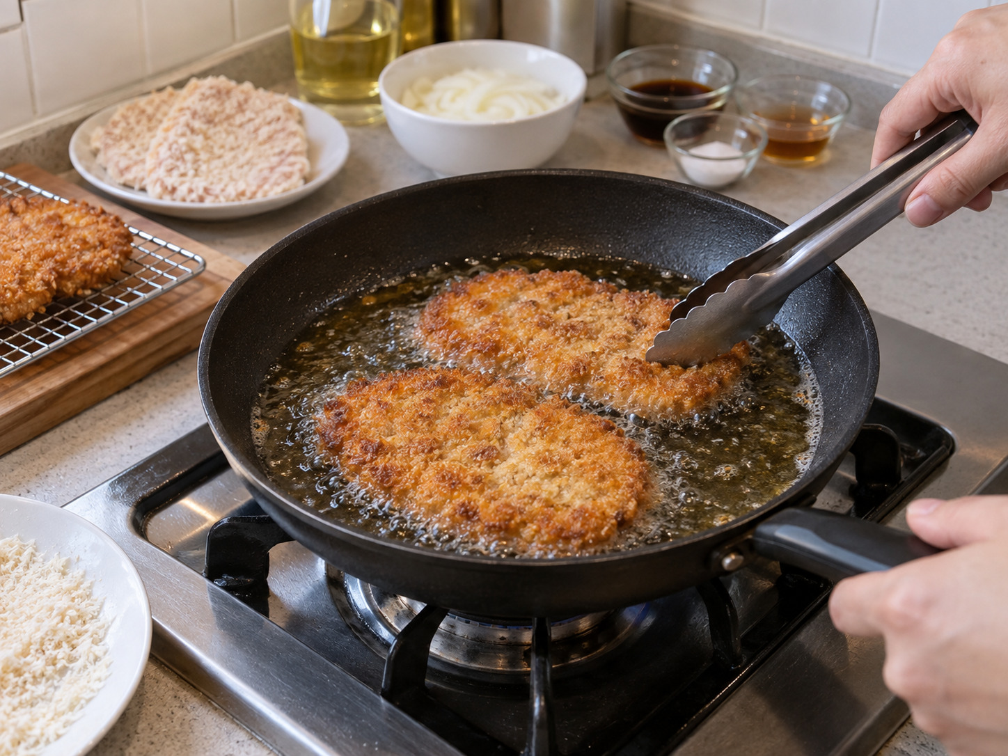Katsudon Jepang — Panaskan minyak dan goreng katsu hingga keemasan