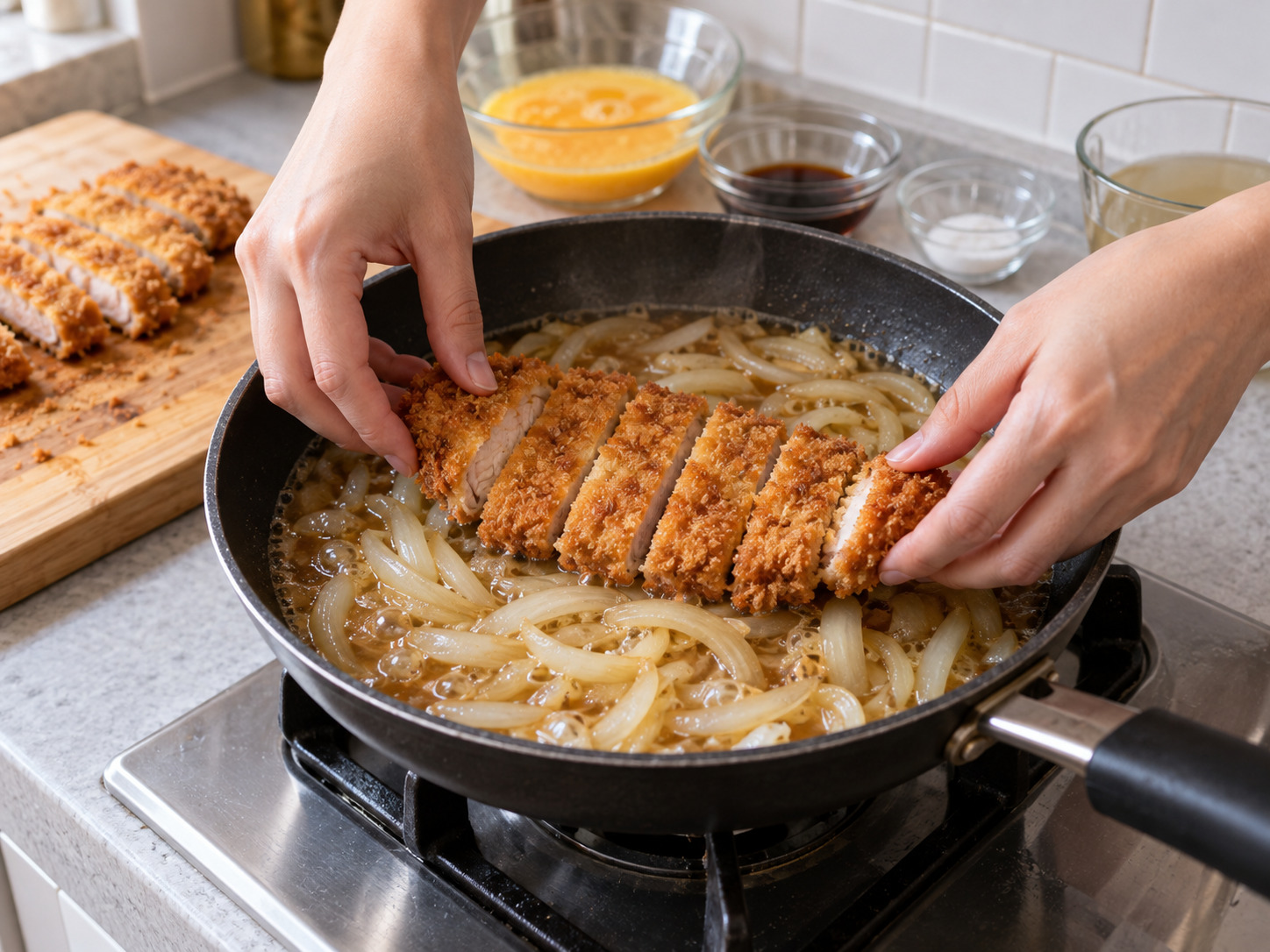 Katsudon Jepang — Susun satu porsi katsu di atas bawang