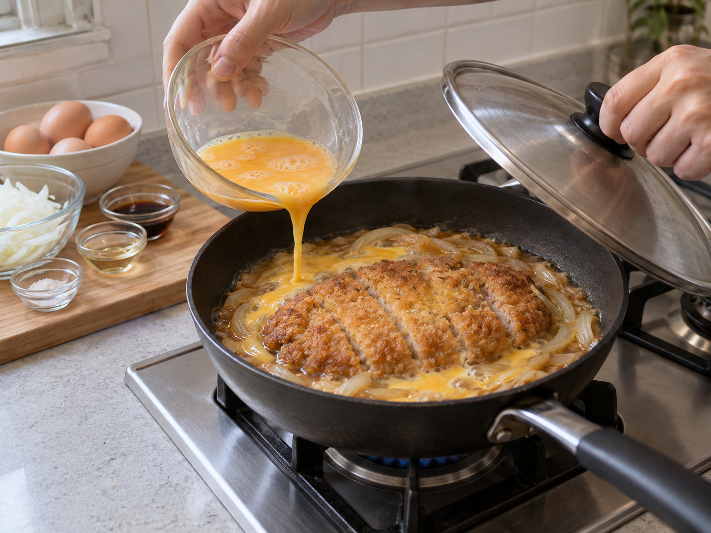 Katsudon Jepang — Tuang telur di sekeliling katsu, tutup, dan masak perlahan