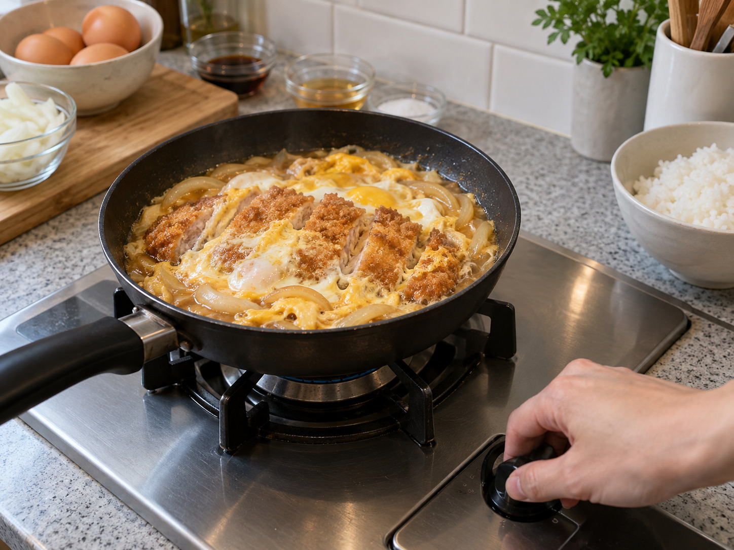 Katsudon Jepang — Matikan api saat telur mencapai kematangan aman yang diinginkan