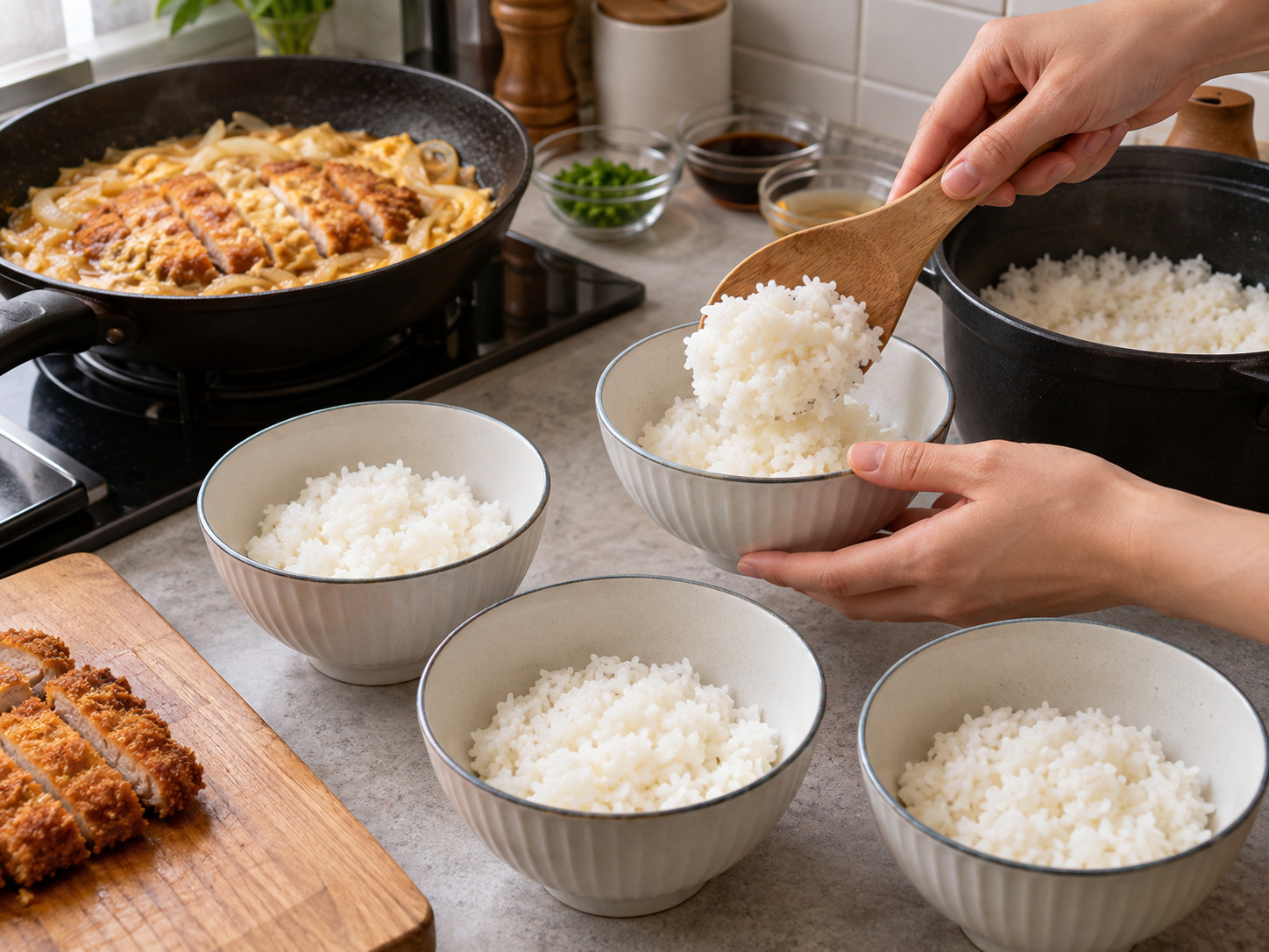 Katsudon Jepang — Bagi nasi panas ke empat mangkuk