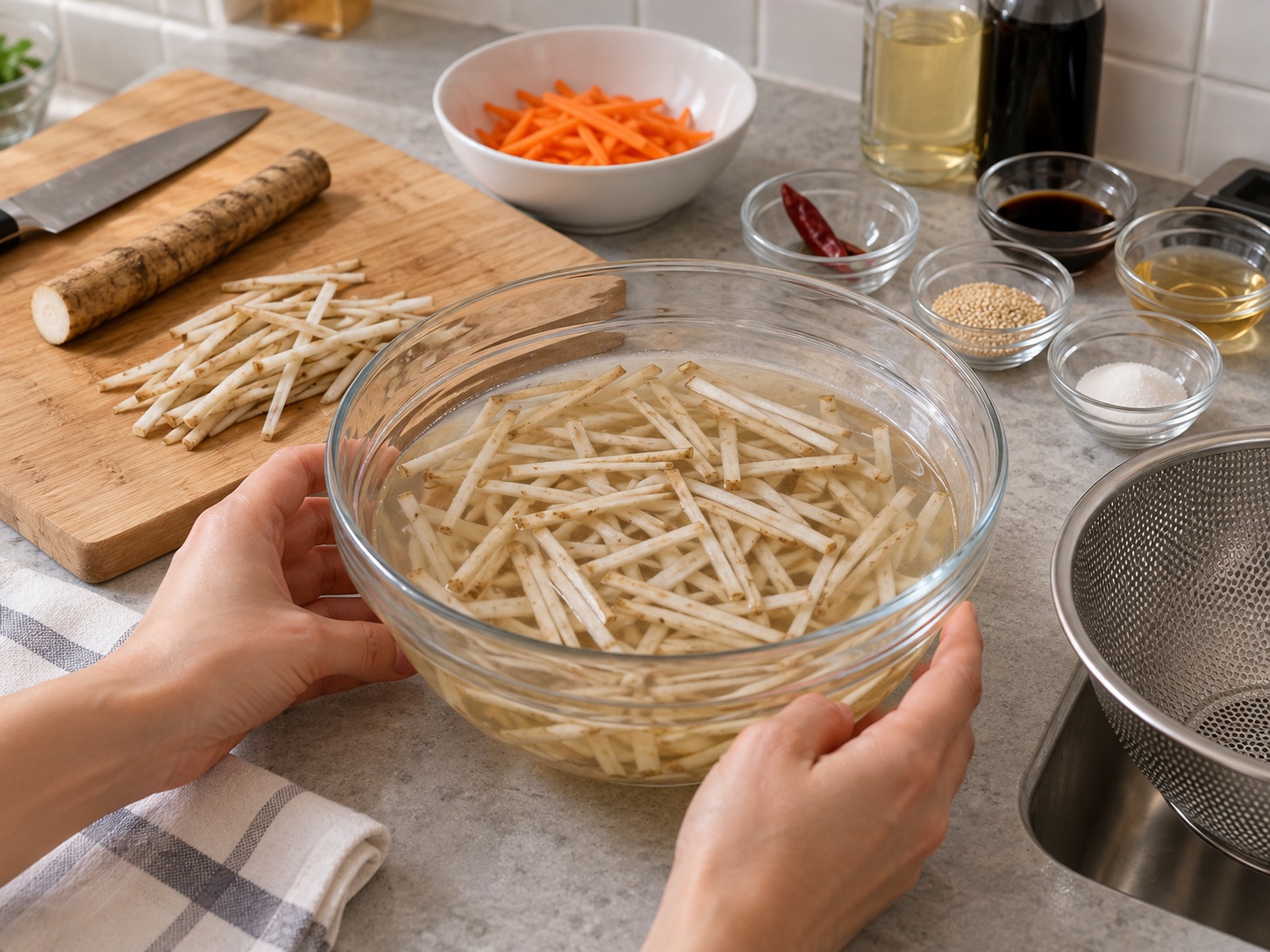 Japanese Kinpira Gobo — Julienne and soak