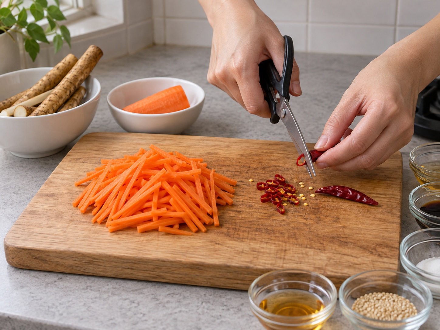 Japanese Kinpira Gobo — Cut carrot and chilli