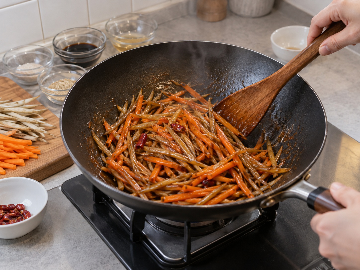 Japanese Kinpira Gobo — Reduce the glaze