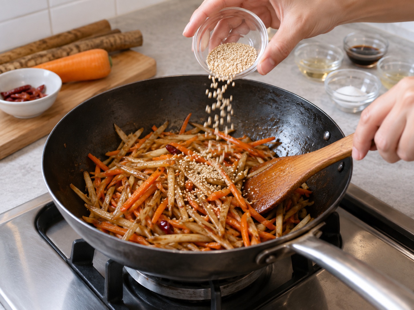 Japanese Kinpira Gobo — Add sesame seeds