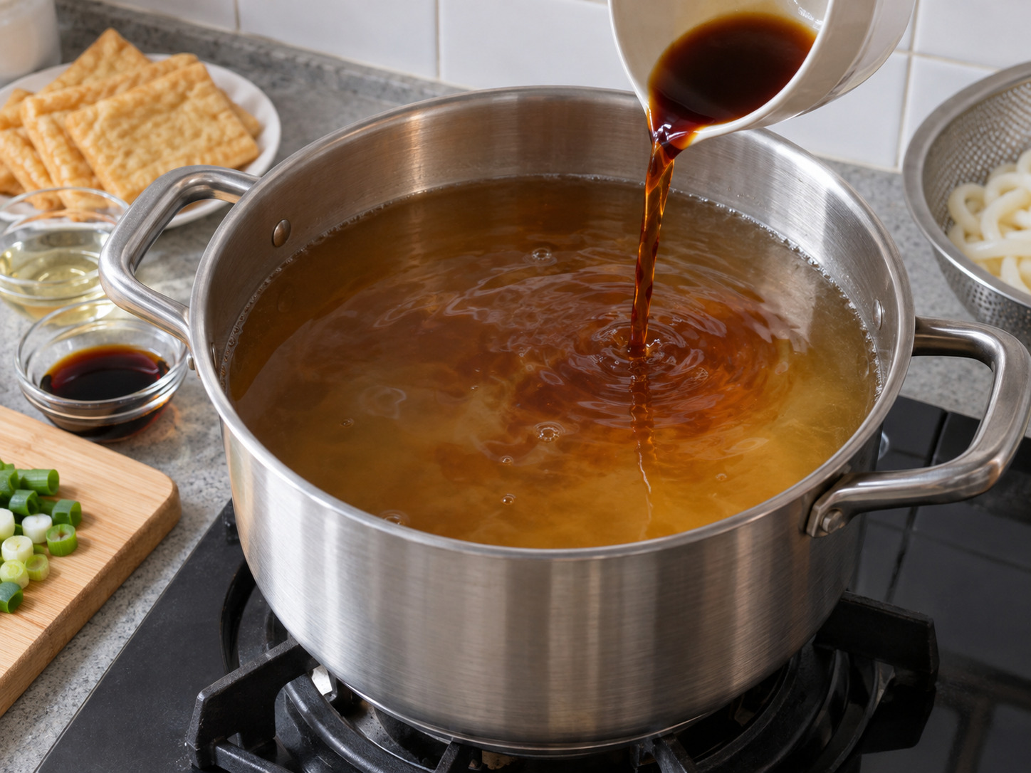 Udon Kitsune Jepang — Tambah kecap asin dan mirin ke kuah